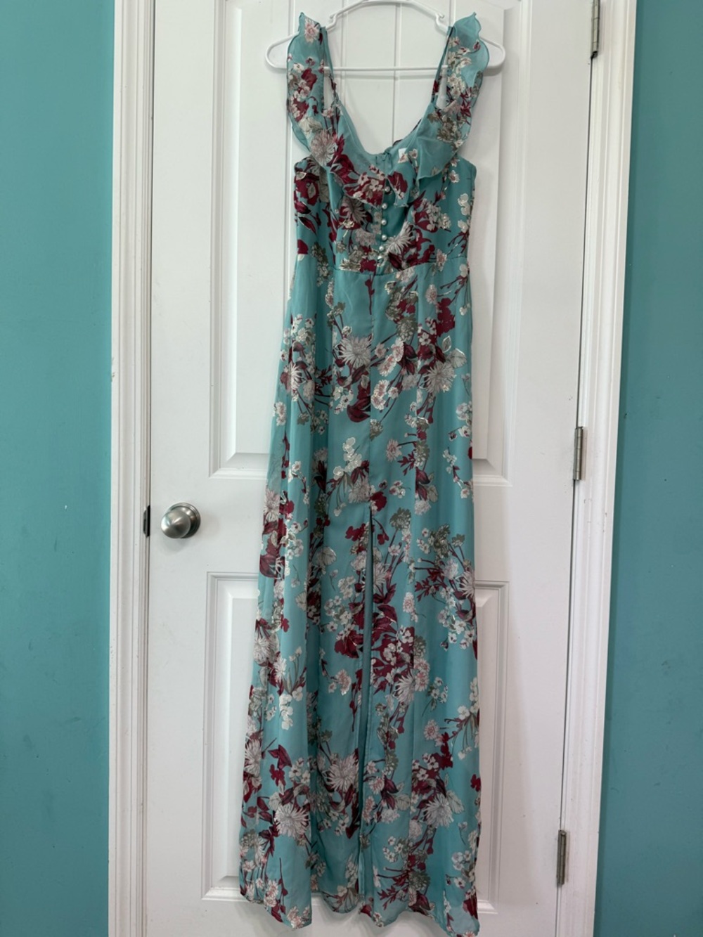 Emerald Sundae Cold-Shoulder Floral Maxi Dress Teal with Shoulder Ruffle Spring
